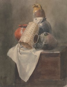 Stilleven: Potten, mand en doek op een kist