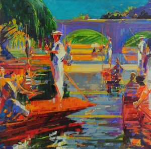 Bootvaarders, Cambridge (olieverf op doek) door Peter Graham