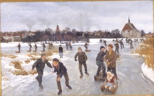 Kinderen schaatsen buiten Fåborg door Peter Hansen