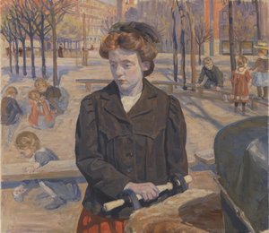Lente. Jong meisje met een kinderwagen