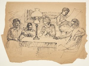 De familie van de kunstenaar zittend rond een tafel met een petroleumlamp door Peter Hansen