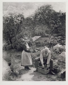 Een oude man en zijn dochter in de tuin