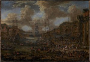 Zuidelijke haven met talrijke figuren aan de kust