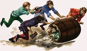 Een pas gekwalificeerde leerling wordt in bier gedompeld en in een vat gerold