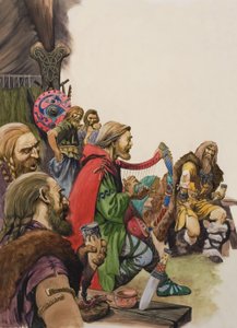 Alfred (849-899) vermomd als minstreel in het kamp van koning Guthrum (gouache op papier)