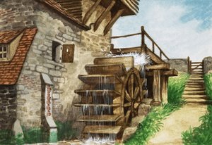 Een oude watermolen bij een stroom