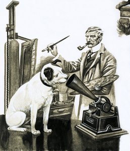 Kunstenaar schildert de hond die naar een grammofoon luistert