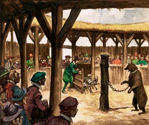 Bij de berenkuil, men juichte toen de honden werden losgelaten om de vastgeketende beren aan te vallen door Peter Jackson