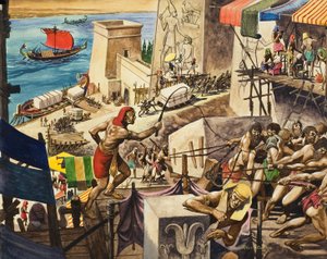 De piramides bouwen (gouache op papier)