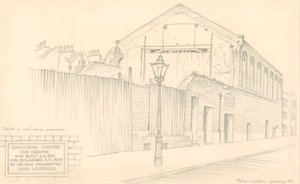 Marylebone Theatre, Londen, achterkant van het theater in Mulready Street (oorspronkelijk Little Church Street) door Peter Jackson