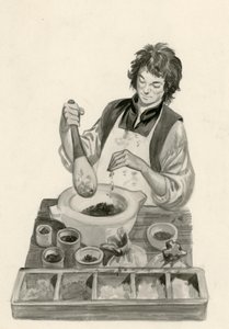 Michelangelo, als leerling, mengt verf