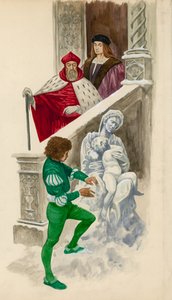 Michelangelo, als jongen, een beeld uit sneeuw snijdend