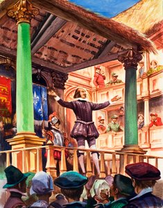 Shakespeare op het podium van het nieuw gebouwde Globe theater