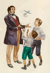 De gebroeders Wright als jongens, kregen een speelgoedvliegtuig van hun vader