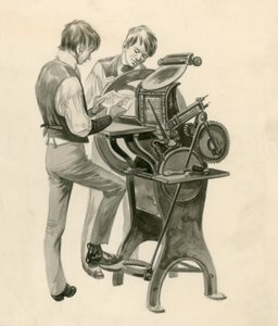 De Gebroeders Wright als jongens, drukten hun krant genaamd The Midget. Origineel kunstwerk voor Treasure