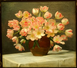 Tulpen in een vaas op een gedrapeerde tafel door Peter Johan Schou