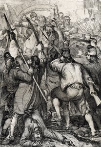 Franse Revolutie: Het gewapende en woedende volk betreedt via de ophaalbrug en vermoordt het garnizoen en de gouverneur tijdens de bestorming van de Bastille door Peter Johann Nepomuck Geiger