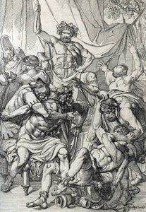 Heptarchie: voorstelling van de Angelsaksische leider Hengist (5e eeuw) die zijn vijanden doodt om het koninkrijk Kent te stichten, circa 461 (tekening met veer) door Peter Johann Nepomuck Geiger