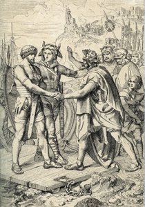 Landing van Hengest en Horsa, figuren uit de Angelsaksische legende, die de twee beschrijft als de Germaanse broers die de Angle, Saksische en Jutische legers leidden die de eerste gebieden van Groot-Brittannië in de 5e eeuw veroverden
