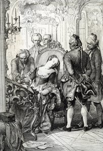 Koningin Caroline Mathilde van Denemarken (1751-1775) gedwongen om de scheidingsdocumenten te ondertekenen na haar buitenechtelijke avontuur in 1772