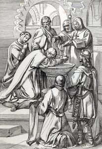 Voorstelling van Sint-Augustinus van Canterbury (overleden 604), door paus Gregorius de Grote in 596 naar Engeland gestuurd om de Angelsaksen te bekeren - Hij staat hier voor Ethelbert, Angelsaksische koning van Kent (552? -616) die hij in 597 doopte door Peter Johann Nepomuck Geiger