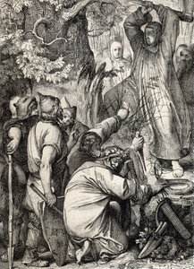 Voorstelling van Sint Bonifatius van Mainz (680-754) die de eik van Thor omhakt om de druïden te overtuigen dat het geen heilige boom is door Peter Johann Nepomuck Geiger