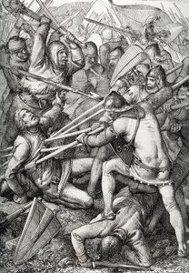De Slag bij Sempach gevochten op 9 juli 1386, tussen Leopold III, Hertog van Oostenrijk en de Oude Zwitserse Confederatie, tekening uit “Historische Memorabilian des In-und Auslandes” door Anton Ziegler