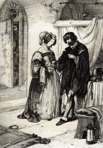 De Graaf van Essex Robert Devereux ter dood veroordeeld voor verraad overhandigt Elizabeth Howard, Gravin van Nottingham en Eerwaarde Dame van Elisabeth I van Engeland, een ring als teken van haar loyaliteit aan de Koningin