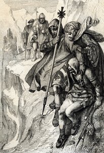De koning van de Romeinen Hendrik IV passeert de pas van de Mont Cenis om de Alpen over te steken en naar de gravin Mathilde van Toscane te gaan in Canossa waar paus Gregorius VII, januari 1077