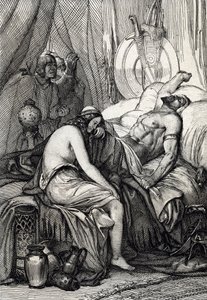 De dood van de koning van de Hunnen Attila (395-453) tijdens zijn slaap op zijn huwelijksnacht met de Germaanse Ildico, 453