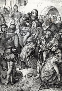 De trouwe vrouwen van Weinsberg: de vrouwen van de soldaten verslagen bij het beleg van Weinsberg door Koenraad III van Hohenstaufen in 1140 dragen hun echtgenoten op hun rug, Duitsland door Peter Johann Nepomuck Geiger