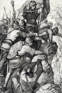 De troepen van Othon I van Beieren (1117-1183) nabij Verona in Italië 1155 (tekening met veer)