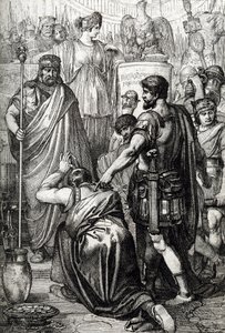 Vandalenoorlog: De overgave van de koning van de Vandalen Gelimer knielt voor de Byzantijnse generaal Belisarius (500-565) in maart 534, Carthago, Afrika door Peter Johann Nepomuck Geiger