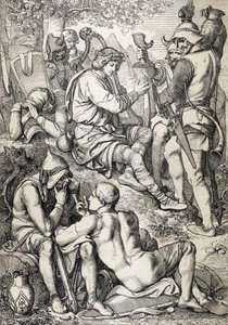 Oorlog tegen de Vikingen: De koning van Wessex Alfred I de Grote (846-899) vermomd als harpist betreedt het kamp van Guthrum om zijn strijdplannen te ontdekken, Somerset 878 door Peter Johann Nepomuck Geiger