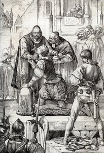 Oorlog van Negentig Jaar (of opstand van de Nederlanden) (1568-1648): de onthoofding van Lamoraal, Graaf van Egmont, Prins van Gavere (1522-1568), Nederlandse politicus - Hij werd veroordeeld in het kader van de Raad van Beroerten (of Bloedraad) opgericht  door Peter Johann Nepomuck Geiger