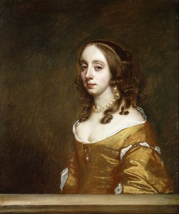 Portret van een dame van de Popham-familie, halflang, achter een venster, gekleed in een oranje jurk door Peter Lely