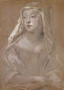 Portret van een jonge dame, traditioneel geïdentificeerd als Sarah Jennings, hertogin van Marlborough, halflang, met een boek, haar handen gekruist op haar schoot, haar hoofddoek gedrapeerd op haar schouders, 1667