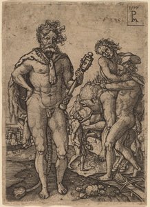 Hercules en Antaeus door Peter Maes after Heinrich Aldegrever