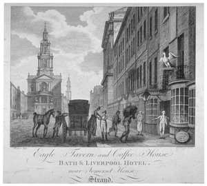 Buiten de Eagle Tavern en Coffee House, Bath & Liverpool Hotel, Londen, ca. 1800 door Peter Mazell