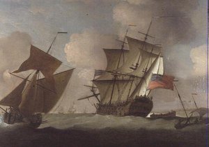 Een derde rang die zich bij haar squadron voegt bij Elizabeth Castle, Jersey door Peter Monamy