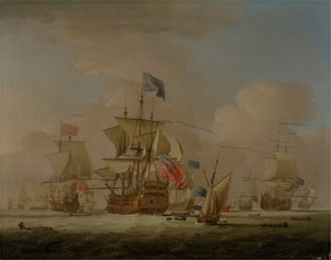 Britse oorlogsschepen en een sloep door Peter Monamy