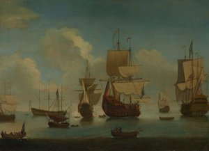 Engelse oorlogsschepen voor anker in een kalme zee, begin 18e eeuw door Peter Monamy