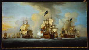 De Engelse vloot voor anker met het admiraalsschip dat signalen geeft aan de vice- en achteradmiraals van de witte en blauwe eskaders door Peter Monamy