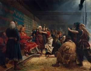Haakon de Goede en boeren bij het offer van de kooi