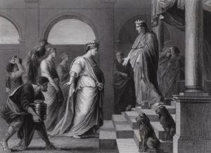 Salomo en de Koningin van Sheba (gravure) door Peter Paul (after) Rubens