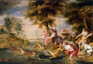 Diana en nimfen jagen op damherten door Peter Paul (follower of) Rubens