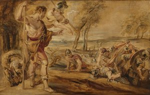 Cadmus, geleid door Minerva, observeert de Spartoi die vechten door Peter Paul Rubens (after)