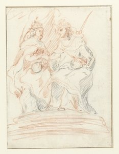 Koning en een koningin op een troon, achter hen staat Fama Christus en Maria door Peter Paul Rubens (possibly)