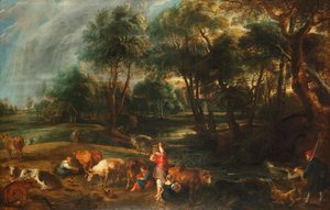 Een landschap met koeien en eendenjagers
