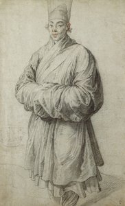 Een man in Koreaanse kleding, met een doorzichtige hoofdtooi van paardenhaar, bijna volledig, een schip links door Peter Paul Rubens